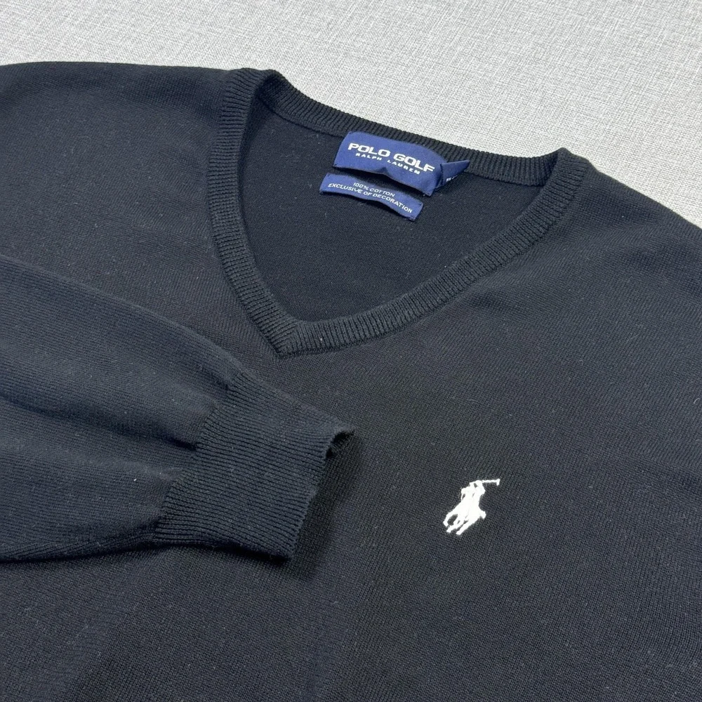 Polo Golf Ralph Lauren Sweater Mens XL‎ Black Cotton V-Neck Knit Pullover Logo